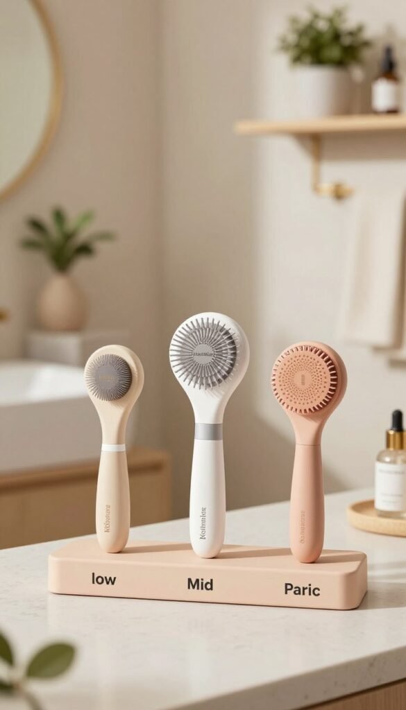 A visually appealing price-check display featuring an array of beauty tools suitable for small bathrooms. In the foreground, showcase three distinct beauty tools labeled as low, mid, and high-priced options; each tool should have a unique design reflecting its price range, with warm, inviting colors and a Pinterest aesthetic. The middle ground should feature a stylish, minimalist bathroom setting with soft, natural lighting creating a cozy atmosphere. The background includes tasteful decor elements such as potted plants and neatly organized shelves, accentuating the beauty tools. The brand name "KüchenKiste" subtly incorporated within the scene. Use a warm color palette throughout, capturing an authentic and appealing lifestyle image, with a focus on the value of beauty tools without any text or branding overlays.