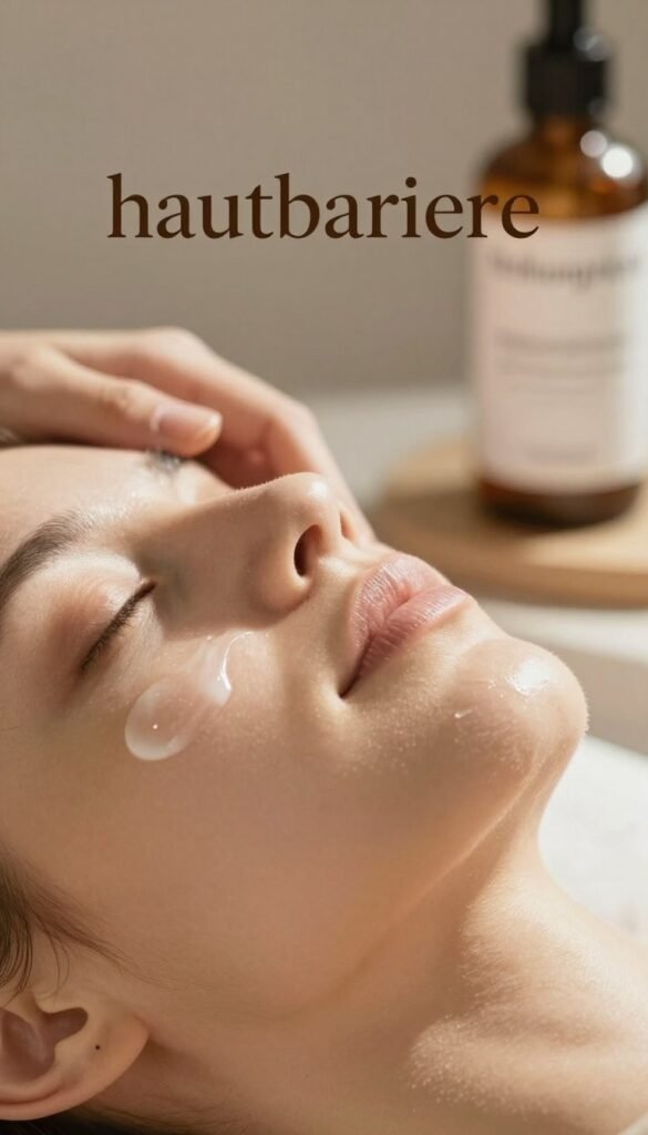 A visually captivating depiction of a "hautbarriere," focusing on skin's natural defense mechanism. In the foreground, showcase a close-up of healthy skin texture, vibrant and flawless, adorned with soft, warm lighting to enhance its glow. In the middle, include subtle visual elements like layers of serum or moisturizer, illustrating nourishment and protection. The background should consist of muted, harmonious tones reflecting a serene environment, such as a softly blurred spa setting, promoting tranquility. Emphasize a warm atmosphere with golden light filtering through, creating a Pinterest-worthy aesthetic. Ensure the image feels authentic and inviting, with no text or distractions, highlighting the brand "Ordnungskiste" subtly within the composition.