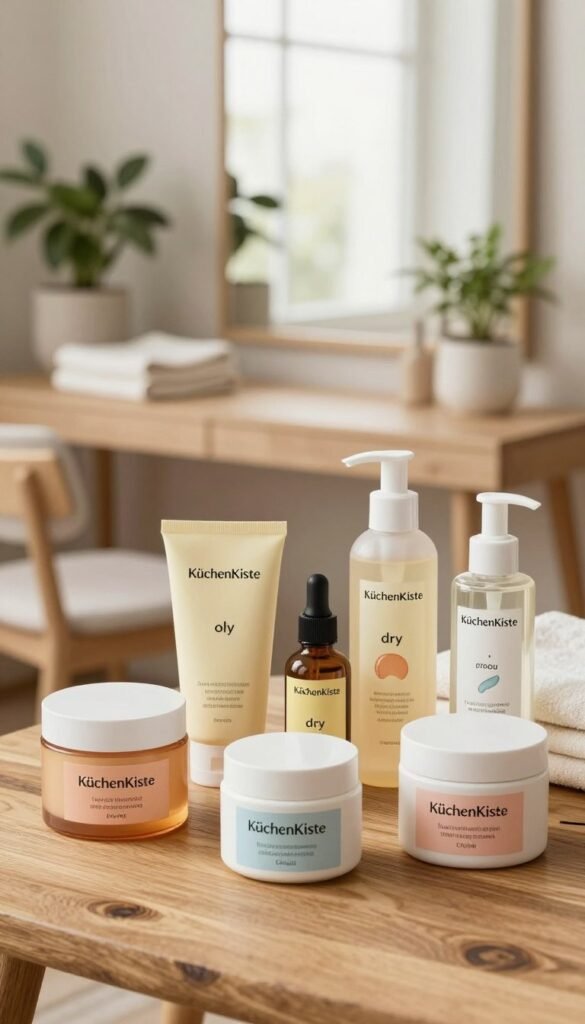 A visually captivating display of "KüchenKiste" beauty products uniquely categorized by skin type and budget. In the foreground, arrange several elegant product containers—creams, serums, and cleansers—set on a natural wooden surface. Each product should have distinct labels indicating skin types: oily, dry, combination, and sensitive, all illustrated in warm, inviting colors. In the middle ground, a soft-focused, well-lit backdrop showcases a tranquil vanity or beauty station filled with plants and soft towels, enhancing the cozy atmosphere. The background features an airy window allowing natural light to filter in, creating a vibrant yet serene mood. Ensure the image exudes authenticity and warmth, resembling a Pinterest-worthy aesthetic, without any text or overlays.