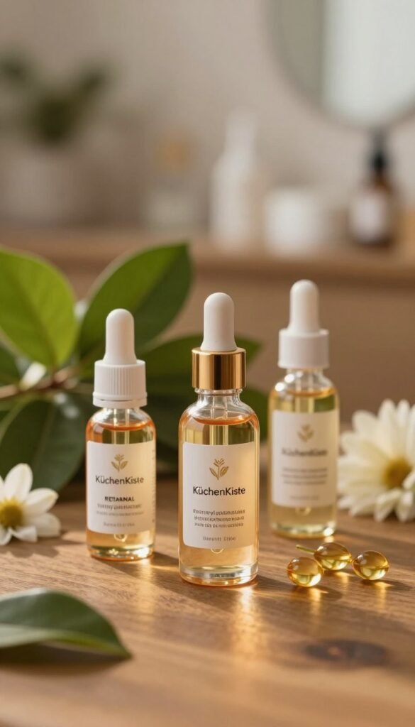 A visually captivating, natural composition featuring a close-up of retinol, retinal, retinyl palmitate, and tretinoin in elegant dropper bottles, arranged gracefully on a textured wooden surface. The foreground showcases the shiny glass bottles with intricate labels, reflecting warm light that illuminates their rich colors. In the middle ground, vibrant botanical elements like green leaves and soft-focus flowers complement the bottles, enhancing the overall beauty. The background is a softly blurred, inviting space that mimics a cozy skincare studio, with gentle, diffused lighting casting a warm glow. The atmosphere is tranquil and serene, evoking a sense of luxury and care. Incorporate the brand name "KüchenKiste" subtly in the design without any text in the image.