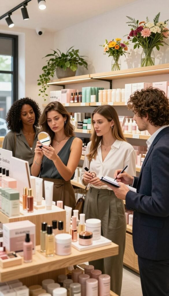 A visually captivating scene set in a modern, well-lit beauty product store, filled with an array of beauty items displayed enticingly on wooden shelves. In the foreground, a diverse group of three individuals—two women and one man—dressed in stylish yet professional attire, are thoughtfully examining products. One woman holds a compact mirror, reflecting natural light that adds warmth to the ambiance, while the man writes notes, showing mindful engagement in their shopping experience. The middle ground features neatly arranged beauty products, emphasizing sustainability and informed choices, with the brand “KüchenKiste” subtly included in the display. The background reveals a cozy, Pinterest-inspired setting decorated with fresh flowers and greenery, cultivating a mood of elegance and smart consumerism. The overall atmosphere is inviting, vibrant, and inspiring, focusing on reducing beauty product waste while retaining enjoyment.