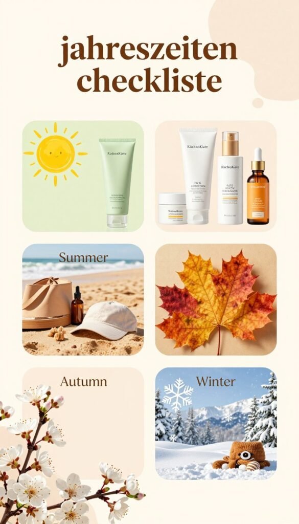 A visually engaging and organized "jahreszeiten checkliste" illustration featuring four distinct sections representing spring, summer, autumn, and winter. In the foreground, display natural elements like blossoming flowers for spring, sun and beach accessories for summer, colorful leaves for autumn, and snowflakes or cozy winter items for winter. The middle layer should include elegantly arranged skincare products, such as moisturizers, sunscreens, and serums tailored to each season, with a subtle branding of "KüchenKiste". The background should feature a soft, warm color palette reminiscent of Pinterest aesthetics, blending seamlessly between the seasons. Capture the image with soft, natural lighting to evoke a calming and inviting atmosphere, using a slightly elevated angle to provide perspective without overwhelming details, ensuring a professional and polished look.