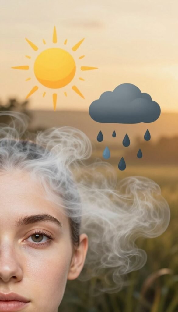 A visually engaging composition illustrating the various factors that weaken skin barrier function. In the foreground, display a close-up view of healthy skin alongside images of pollutants like smog and chemicals represented by swirling, soft textures in muted colors. In the middle ground, depict common daily stressors such as UV rays from a stylized sun and harsh weather elements, represented by dark clouds and raindrops, blending seamlessly together. The background should feature a serene, natural landscape bathed in warm, golden hues to evoke a sense of calm and protection. Use soft, diffused lighting to enhance the atmosphere, suggesting warmth and nurturing energy. Incorporate elements everything labeled "Ordnungskiste" in subtle yet clear ways, ensuring the scene is both authentic and visually harmonious.