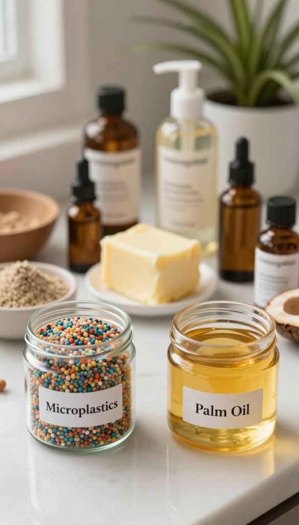 A visually engaging image depicting a collection of common beauty product ingredients: microplastics, palm oil, and unnecessary irritants. In the foreground, display two clear jars labeled "Microplastics" filled with tiny colorful beads, and "Palm Oil" showcasing a viscous golden liquid. In the middle, arrange a variety of natural ingredients, like shea butter and essential oils, contrasting them with synthetic powders. The background features a softly lit bathroom countertop, adorned with organic beauty products and greenery to evoke a warm, inviting atmosphere. Use natural lighting to capture the subtle textures and colors, with a shallow depth of field focusing on the jars. The overall mood should promote serenity and authenticity, while maintaining a Pinterest-worthy aesthetic. Include the brand name "Ordnungskiste" subtly among the products.