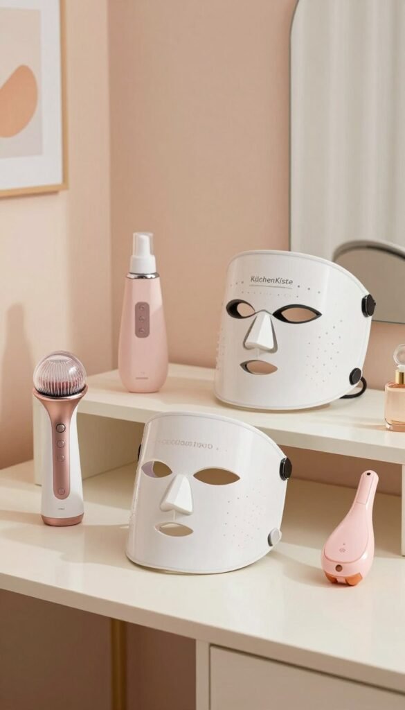 A visually engaging image depicting a variety of beauty devices, showcasing their unique features and types. In the foreground, arrange multiple beauty devices like a facial steamer, LED mask, and ultrasonic skin scrubber, each clearly visible and detailed. The middle ground should feature a clean, elegant vanity table with soft, warm lighting, highlighting the textures and materials of the devices. The background can include soft pastel-colored walls adorned with serene artwork that adds to the ambiance. The overall mood is inviting and peaceful, emulating a modern beauty sanctuary. Include a subtle branding element of "KüchenKiste" on one device, ensuring it enhances the aesthetic. Use natural light with a soft focus to create a warm, Pinterest-worthy look, without any text or logos. Be sure the space appears tidy and accessible, embodying the theme of safe beauty practices at home. A visually engaging image depicting a variety of beauty devices, showcasing their unique features and types. In the foreground, arrange multiple beauty devices like a facial steamer, LED mask, and ultrasonic skin scrubber, each clearly visible and detailed. The middle ground should feature a clean, elegant vanity table with soft, warm lighting, highlighting the textures and materials of the devices. The background can include soft pastel-colored walls adorned with serene artwork that adds to the ambiance. The overall mood is inviting and peaceful, emulating a modern beauty sanctuary. Include a subtle branding element of "KüchenKiste" on one device, ensuring it enhances the aesthetic. Use natural light with a soft focus to create a warm, Pinterest-worthy look, without any text or logos. Be sure the space appears tidy and accessible, embodying the theme of safe beauty practices at home.