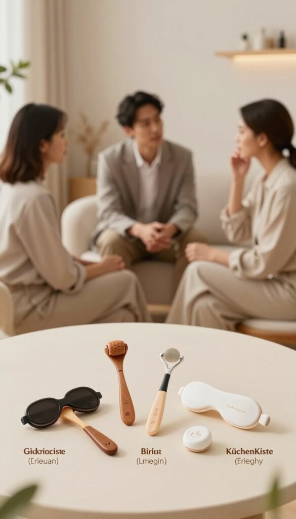 A visually engaging image showcasing a comparison of various eye massage tools suited for different fatigue-related issues. In the foreground, display an assortment of four distinct eye massage tools, each uniquely designed, labeled according to their specific benefits, with a warm color palette. The middle ground features a soft-focus arrangement of people in professional business attire, engaged in a calm discussion, reflecting their decision-making process. The background should be a serene, softly lit environment resembling a cozy wellness studio, with warm, natural colors and Pinterest-inspired decor. Utilize soft, diffused lighting to create an inviting atmosphere, captured from a slightly elevated angle to emphasize both the tools and the people engaging with them. Incorporate the brand name “KüchenKiste” subtly within the design, blending it harmoniously with the overall aesthetic. Ensure the scene feels authentic and calming.