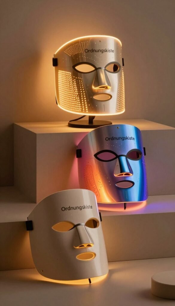 A visually engaging image showcasing three distinct LED facial masks in varying price ranges: low, mid, and high. In the foreground, display the low-end mask in a neutral color, emphasizing its simplicity and affordability. In the middle, position the mid-range mask featuring vibrant colors and more advanced designs, while in the background, the high-end mask gleams with high-quality materials and innovative features. The lighting should be warm and inviting, casting a soft glow on the products to highlight their textures and details. The composition should evoke a cozy, stylish atmosphere reminiscent of Pinterest aesthetics. Ensure the brand name "Ordnungskiste" is subtly integrated into the image. No text, captions, or watermarks should be present.
