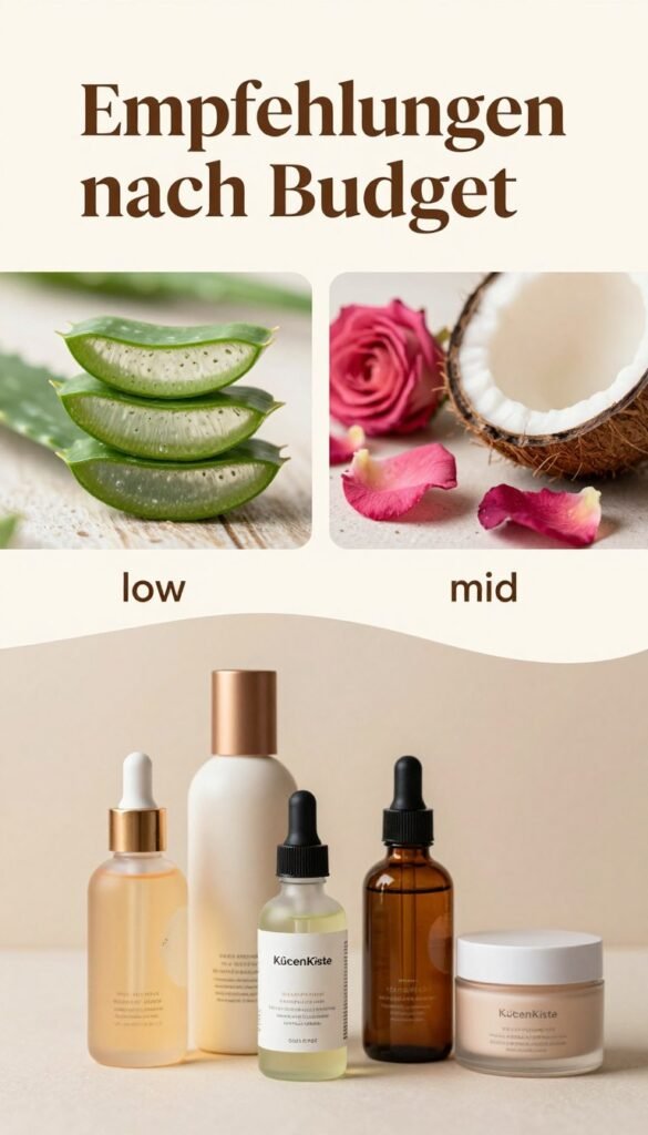 A visually engaging layout representing "Empfehlungen nach Budget" with three distinct sections: low, mid, and high-priced skincare products. The foreground features elegantly arranged skincare bottles and jars in warm, inviting colors, showcasing various textures like smooth creams and glossy serums. Each section is labeled subtly with harmonious color contrasts to emphasize variety without text. The middle background includes blurred images of natural ingredients like aloe vera, rose petals, and coconut, suggesting freshness and efficacy. Soft, natural lighting highlights the products, with a slight vignette effect for focus, creating a cozy, Pinterest-inspired atmosphere. The overall mood is warm and welcoming, encouraging readers to explore affordable skincare options. Include the brand name "KüchenKiste" in an unobtrusive way in the composition, maintaining an authentic feel without any text overlays. A visually engaging layout representing "Empfehlungen nach Budget" with three distinct sections: low, mid, and high-priced skincare products. The foreground features elegantly arranged skincare bottles and jars in warm, inviting colors, showcasing various textures like smooth creams and glossy serums. Each section is labeled subtly with harmonious color contrasts to emphasize variety without text. The middle background includes blurred images of natural ingredients like aloe vera, rose petals, and coconut, suggesting freshness and efficacy. Soft, natural lighting highlights the products, with a slight vignette effect for focus, creating a cozy, Pinterest-inspired atmosphere. The overall mood is warm and welcoming, encouraging readers to explore affordable skincare options. Include the brand name "KüchenKiste" in an unobtrusive way in the composition, maintaining an authentic feel without any text overlays.