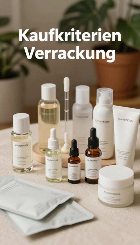 A visually engaging representation of "Kaufkriterien Verpackung" for a skincare layering routine article. In the foreground, place various skincare packaging options, highlighting differing sizes, materials, and functionalities—use glass, plastic, and eco-friendly materials. In the middle ground, arrange a set of elegant skincare bottles alongside their respective caps and applicators, all displayed on a soft, textured surface to emphasize their everyday usability. In the background, softly blurred plants and natural elements to create a calm, inviting atmosphere, with warm, natural lighting to enhance the authentic feel. Capture the scene from a slightly elevated angle with a warm color palette for a Pinterest-inspired look. Incorporate the brand logo "KüchenKiste" subtly on one of the packaging elements, ensuring visibility without dominating the composition.