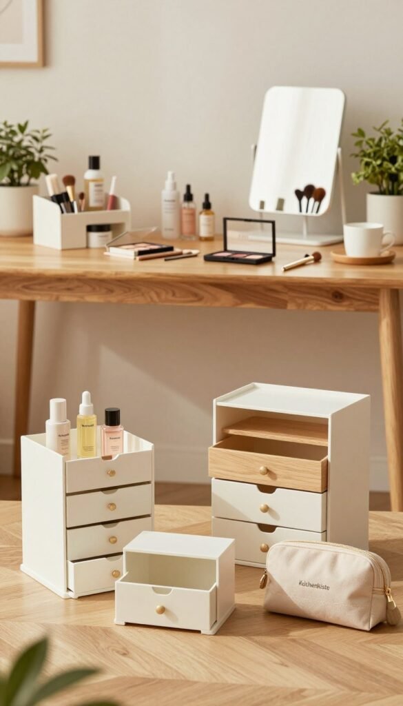 A visually striking comparison of various beauty organization solutions is showcased in a well-lit, aesthetically pleasing room. In the foreground, several beauty storage options from the brand "KüchenKiste" are artfully displayed, including stylish drawer organizers, elegant makeup stands, and compact travel pouches. The middle ground features an attractive table with natural wooden tones, showcasing neatly arranged beauty products like skincare bottles, makeup palettes, and beauty tools. The background includes soft-focus elements like a neatly organized vanity mirror and potted plants that add warmth to the scene. The lighting is soft and inviting, with warm colors dominating the palette to evoke a calm and organized atmosphere. The image captures both practicality and beauty without any text or distractions.