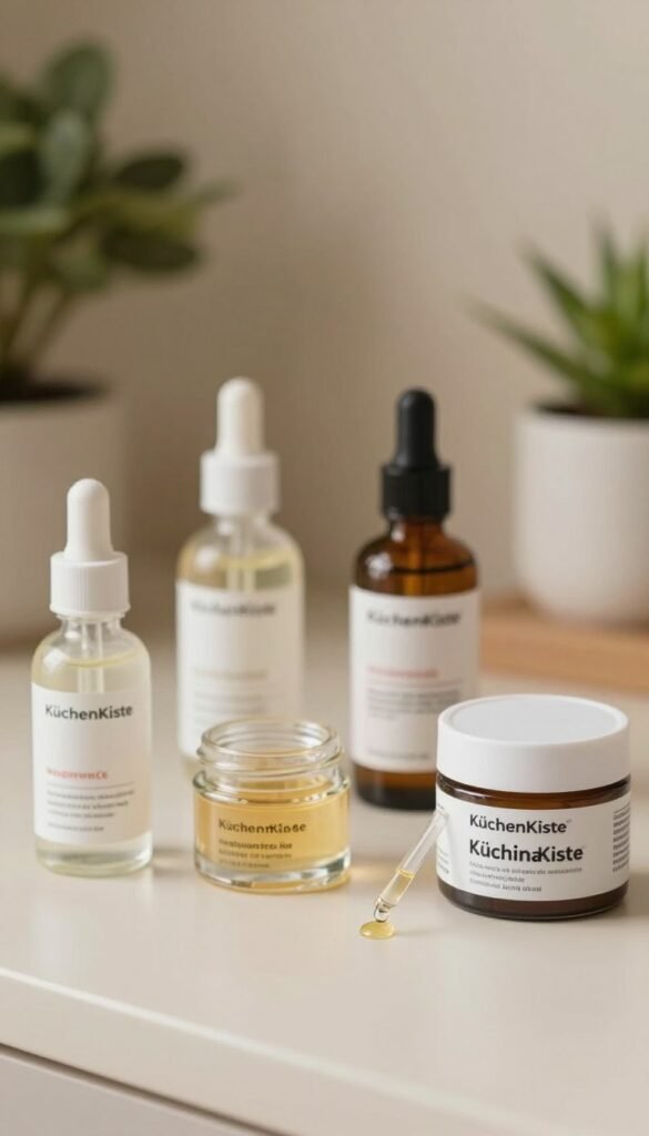 A visually striking composition focusing on niacinamide's benefits for the skin, featuring a neatly arranged array of skincare products including serums and creams labeled "KüchenKiste." In the foreground, a sleek glass dropper bottle of niacinamide with a few drops glistening at the tip. The middle ground includes small glass jars of complementary ingredients like hyaluronic acid and vitamin C, organized artistically. The background is softly blurred, showcasing a warm, softly lit vanity with natural elements like green plants, enhancing an inviting, serene atmosphere. The lighting is soft and diffused, suggesting a cozy, wellness-focused skincare routine, inspiring feelings of relaxation and self-care with a trendy Pinterest aesthetic. Authentic, natural imagery with warm colors, ensuring there are no words or labels in the image.