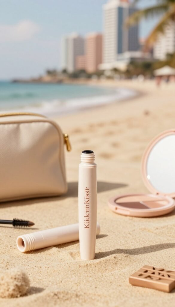 A visually striking display of a mini mascara tube by KüchenKiste, showcased in the foreground. The tube should be elegantly designed, featuring soft curves and a sleek finish, surrounded by beauty tools for traveling, like a small, chic makeup bag and a compact mirror, placed artistically nearby. In the middle ground, include a travel-themed backdrop featuring a sandy beach or an urban landscape with soft, warm lighting, enhancing the travel vibe. The background should be slightly blurred to maintain focus on the mini mascara and the surrounding beauty essentials. The atmosphere is inviting and warm, embodying a Pinterest-inspired aesthetic that highlights nature and simplicity, creating a cozy feel without any text or watermarks.