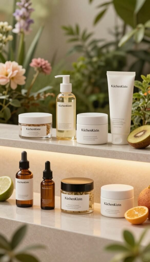 A visually striking image depicting an elegant arrangement of skincare and beauty products, featuring the brand name "KüchenKiste." In the foreground, a variety of sleek, modern containers and bottles with minimalist designs, showcasing natural ingredients like herbs and fruits. The middle layer includes a smooth countertop surface with a soft, warm light reflecting off the product labels, conveying a sense of luxury and efficacy. The background holds a softly blurred botanical garden, with lush greenery and pastel flowers, enhancing the atmosphere of authenticity and tranquility. The overall mood is warm and inviting, with rich, natural colors that evoke feelings of wellness and self-care. The image is well-composed with a slightly elevated angle, capturing a Pinterest-worthy aesthetic that invites viewers to explore the perfect product combinations.