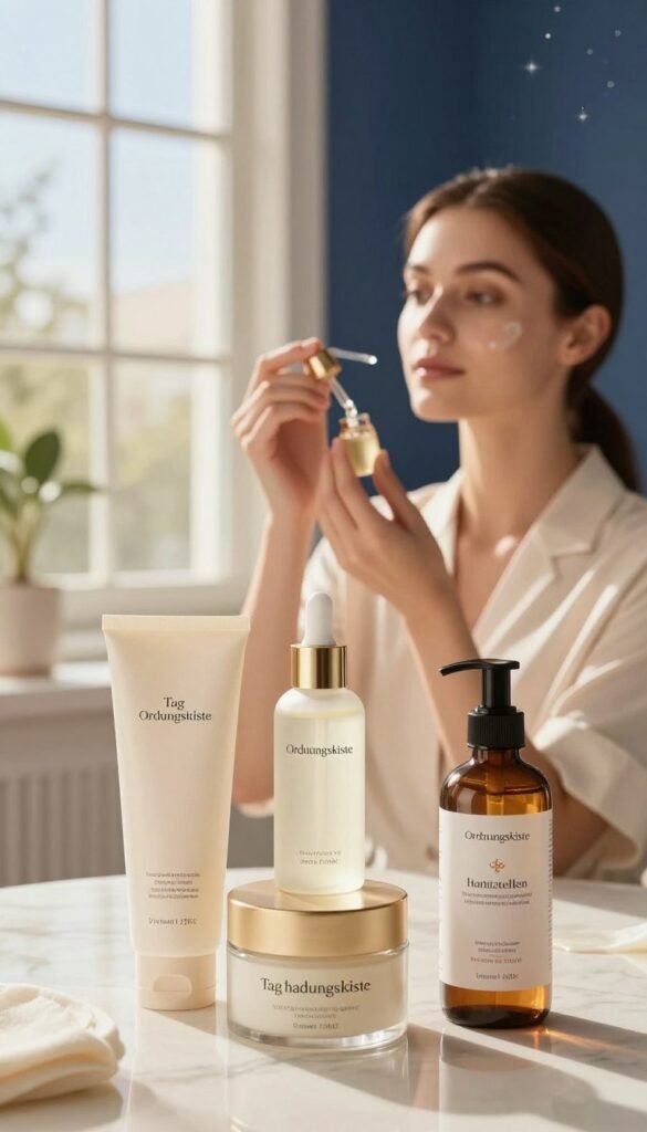 A visually striking image depicting the concept of "Tag hautzellen" in a dynamic split scene. In the foreground, a beautifully arranged skincare setup featuring various luxurious products from the brand "Ordnungskiste" illuminated by soft, warm daylight, highlighting the intricate textures and colors. The middle ground showcases a serene model with a subtle, professional outfit applying a daytime serum, emphasizing a fresh and healthy complexion. In the background, a softly blurred window reveals a bright, sunny day, symbolizing daytime, while the other half subtly transitions to a night scene with gentle, cool tones and starry accents. The overall atmosphere should feel calm and rejuvenating, embodying the essence of a thoughtful skincare routine tied to the biorhythm of the skin.