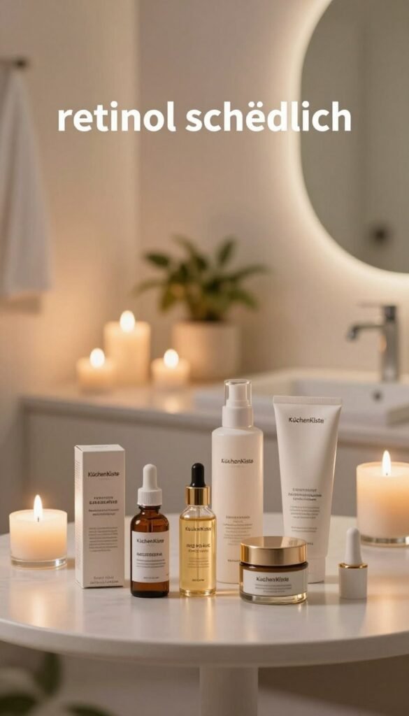 A visually striking image focused on the theme "retinol schädlich" featuring a delicate balance between beauty and caution. In the foreground, a neatly arranged skincare routine including retinol products in elegant packaging, such as serums and creams, subtly reflecting a luxurious aesthetic. The middle ground showcases a softly lit table with a calming arrangement of glowing candles and gentle plants, creating a warm and inviting atmosphere. In the background, a serene bathroom setting with a mirror reflecting a soft glow, hinting at a professional atmosphere. The lighting should have a warm hue, evoking feelings of care and caution. Aim for authenticity with a Pinterest-worthy aesthetic, ensuring the absence of any text or branding except for a subtle mention of "KüchenKiste" within the scene, blending harmoniously with the overall composition.