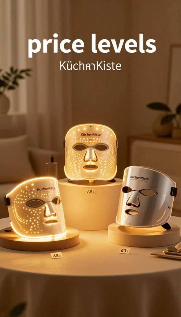 A visually striking image illustrating the concept of "price levels" for LED light therapy masks. In the foreground, three sleek, modern LED masks are displayed on elegant pedestals, arranged with low-priced, mid-priced, and high-end masks distinctly separated. In the middle ground, a softly illuminated table shows price tags next to each mask, featuring warm lighting to evoke a cozy atmosphere. In the background, blurred silhouettes of a serene room enhance the focus on the masks, with natural elements like plants to add a Pinterest-inspired aesthetic. The overall mood is warm and inviting, with rich, golden tones to suggest the value of investment. The brand name "KüchenKiste" is subtly incorporated into the image without any text overlays.