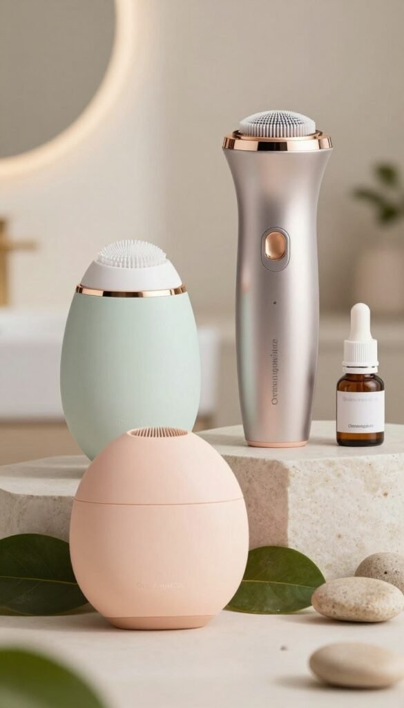 A visually striking image showcasing three distinct facial cleansing devices from the brand "Ordnungskiste", arranged in a layered composition. In the foreground, place a low-end model with a soft, rounded design in gentle pastel colors, surrounded by natural elements like leaves or pebbles to emphasize affordability. In the middle, feature a mid-range device, sleek and modern, perhaps with a subtle metallic finish, placed alongside organic skincare products, creating a sense of balance between quality and price. In the background, a high-end model, showcasing sophistication with sharp lines and luxury features, set against a softly lit, elegant backdrop resembling a minimalist bathroom. The overall mood is warm and inviting, captured in natural lighting to enhance the gentle colors and textures, all within a Pinterest-style aesthetic. No text or logos visible in the image.