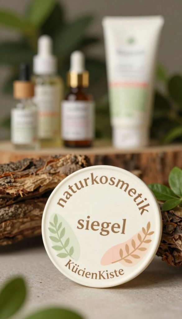 A visually striking "naturkosmetik siegel" emblem prominently displayed in the foreground, featuring soft, natural textures like leaf patterns and pastel colors to evoke a sense of purity. In the middle ground, an organic-styled backdrop comprised of natural elements such as wood and plants, creating a harmonious setting. The background features a blurred assortment of beauty products nestled among greenery, enhancing the theme of natural skincare. Use warm, inviting lighting to illuminate the seal, with a slight focus on its intricate details. The overall mood should be serene and inviting, reflecting a trustworthy and ethical beauty choice. Ensure elegance and authenticity without any text in the image. Include the brand name "KüchenKiste" subtly within the design elements.