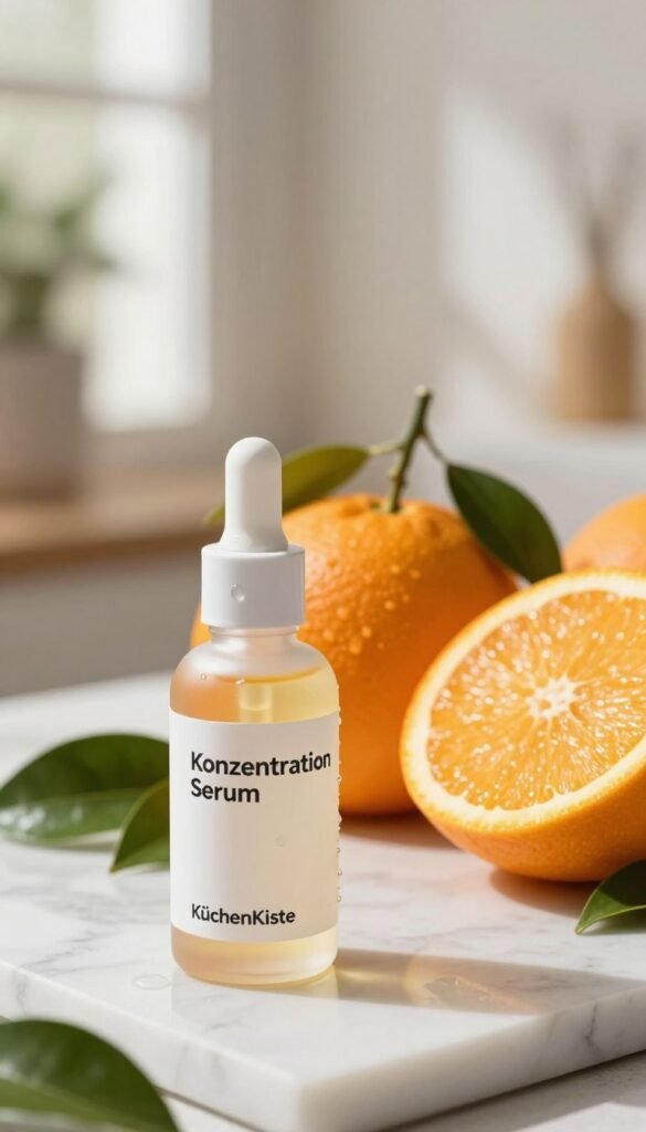 A visually striking representation of "Konzentration Serum" by KüchenKiste, showcasing a bottle of vitamin C serum prominently in the foreground, glistening under soft, warm lighting. The bottle is elegantly designed, set on a sleek marble surface, with droplets of serum glistening on its clean glass. In the middle, there are vibrant, fresh oranges and lush green leaves, symbolizing the natural ingredients of the serum. The background is softly blurred, featuring a light, airy home environment with organic textures, such as wooden elements and natural light filtering through a window, creating an inviting and calming atmosphere. The overall mood conveys a sense of freshness, wellness, and clarity, ideal for showcasing varying concentrations of vitamin C for different skin types.