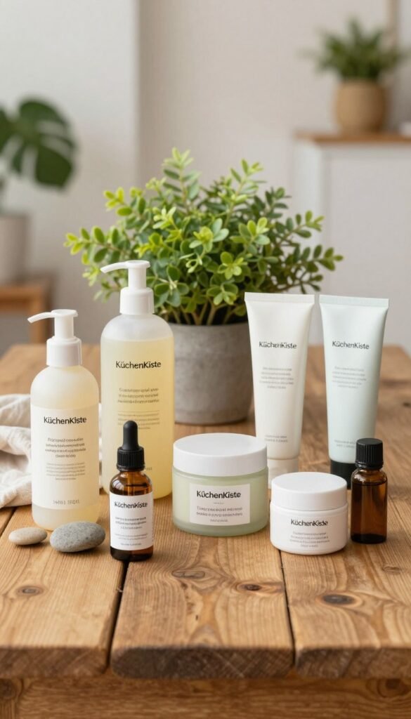 A visually stunning and appealing flat lay of various everyday care products arranged neatly on a rustic wooden table. In the foreground, feature an array of skincare and beauty items from the brand "KüchenKiste", including lotions, creams, and essential oils displayed in elegant packaging. The middle ground includes a few vibrant plants and natural elements like stones and soft fabrics to enhance the organic theme. The background should be softly blurred, resembling a cozy, sunlit home environment, with warm, natural lighting to create a welcoming atmosphere. The overall composition conveys a sense of authenticity and practicality, suitable for a modern lifestyle. Ensure the image is free of any text or overlays.