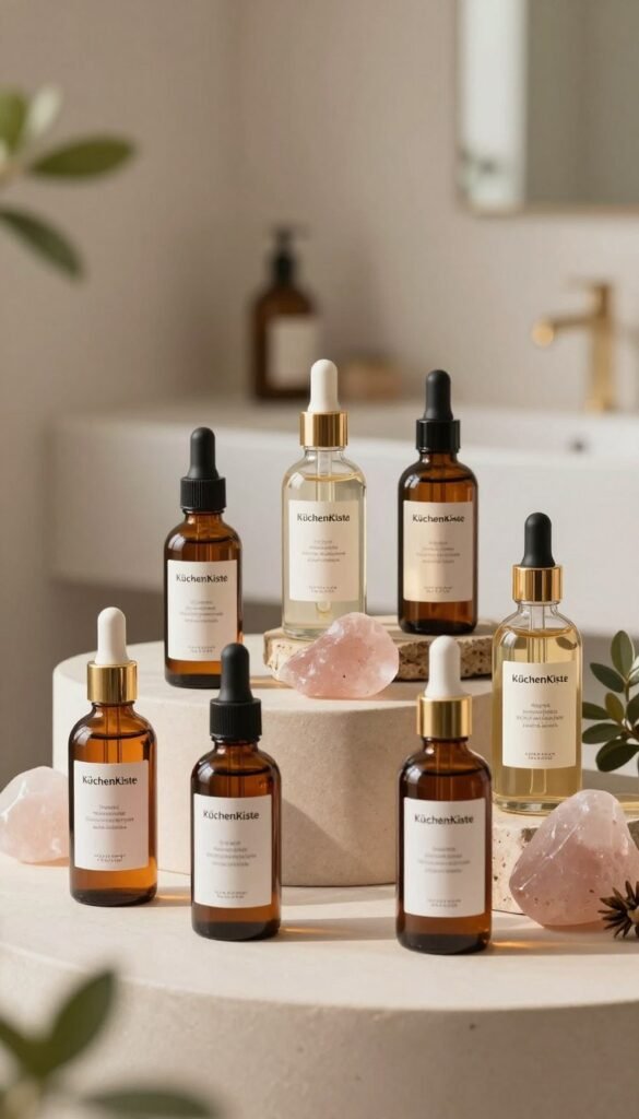 A visually stunning product display featuring a collection of elegant serum bottles from the brand "KüchenKiste." In the foreground, several sleek glass serum bottles are arranged artistically, showcasing their rich colors and sophisticated designs. The middle layer highlights soft, earthy textures like rose quartz and botanical elements, enhancing the natural appeal of the products. The background features a blurred, softly lit bathroom scene with warm tones and subtle greenery, evoking a calming and inviting atmosphere. The lighting is soft and diffused, reminiscent of natural sunlight, creating a serene mood. The overall image should have a Pinterest-worthy aesthetic that emphasizes authenticity and natural beauty, devoid of any text or branding overlays.