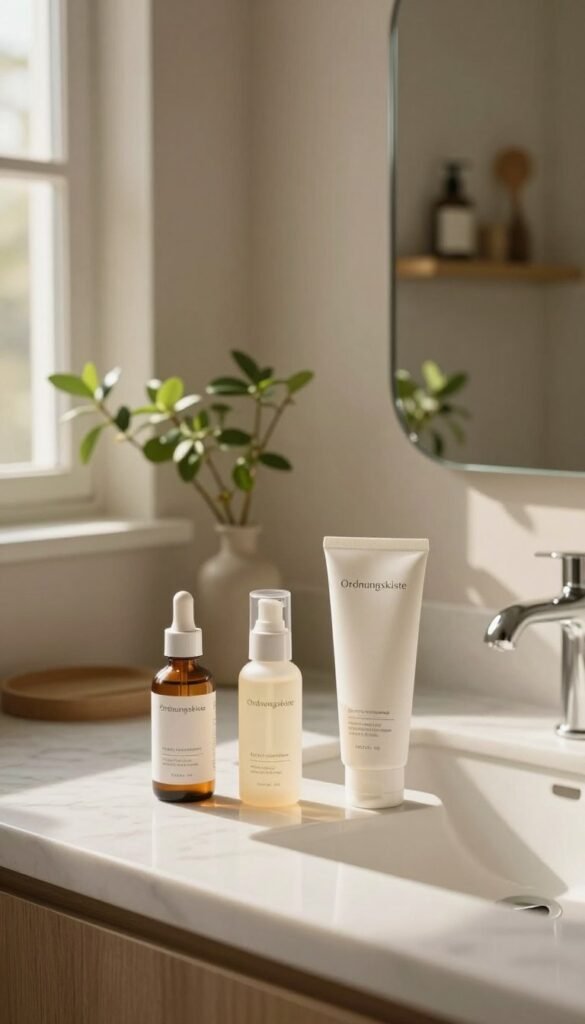 A warm and inviting bathroom scene, showcasing a minimalistic skincare setup emphasizing skinimalism. In the foreground, a white marble countertop holds a few elegantly arranged skincare products from the brand "Ordnungskiste", including a serum, moisturizer, and a gentle cleanser, beautifully lit by soft, natural sunlight filtering through a nearby window. In the middle, a stylish mirror reflects the serene ambiance, with fresh plants adding a touch of greenery. The background features neutral-colored walls and a subtle wooden shelf displaying a few curated beauty tools, creating an organized and peaceful atmosphere. The overall mood is calm, with warm tones enhancing the sense of simplicity and the beauty of a streamlined skincare routine.