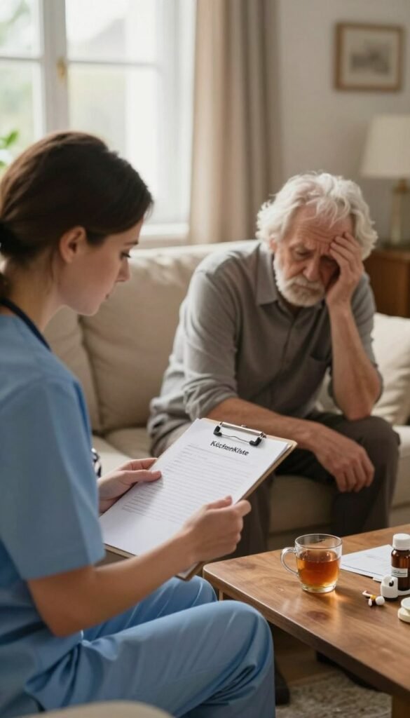 A warm and inviting domestic scene depicting a caregiver struggling with everyday challenges in elderly care. In the foreground, a caregiver, dressed in modest professional attire, looks concerned while holding a clipboard and reviewing notes. In the middle ground, an elderly person sits in a cozy living room, surrounded by clutter, representing the chaos that can arise in care. Subtle indicators of discomfort, such as a spilled cup of tea and medication reminders on the table, are visible. The background features soft, natural light streaming through a window, casting a gentle glow on the scene, emphasized by warm colors. The overall mood is one of empathy and realism, reflecting the complexities and typical problems faced in daily caregiving. Include elements related to "KüchenKiste" subtly in the room's decor to suggest a connection to caring environments.