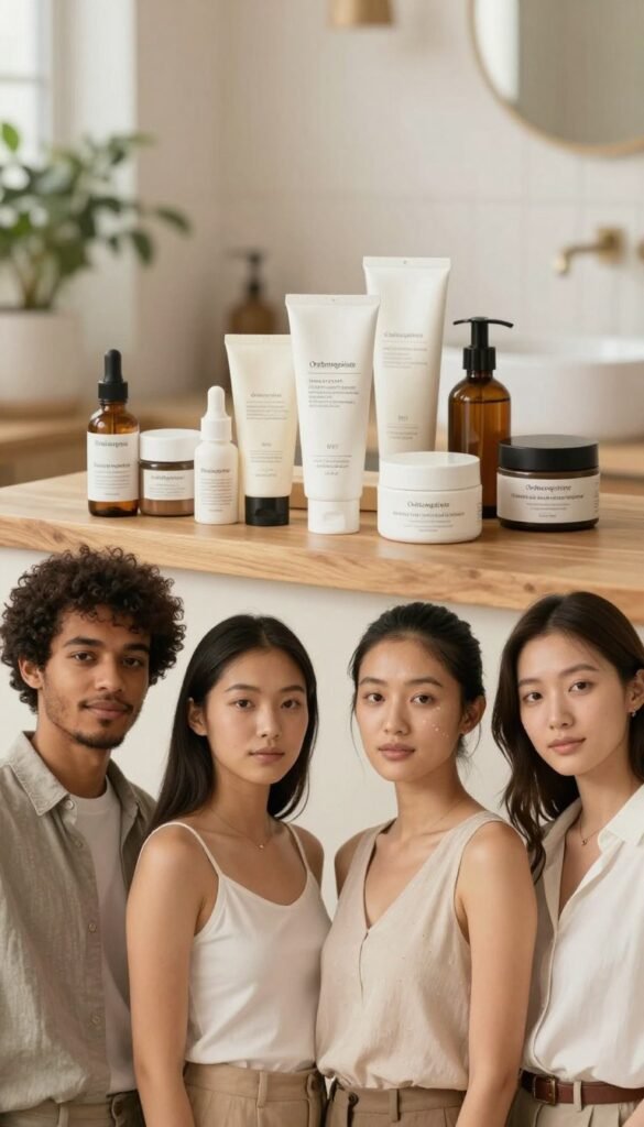 A warm and inviting image illustrating the different skin types: normal, dry, oily, and combination skin. In the foreground, a diverse group of four individuals of varying ethnicities, each representing a different skin type, are standing side by side, dressed in professional casual attire. Their skin is illuminated by soft, natural lighting, highlighting the unique characteristics of each skin type. In the middle ground, a beautifully arranged assortment of natural skincare products is displayed, symbolizing effective skin care routines, placed on a wooden vanity or table. The background features a softly blurred, cozy bathroom setting with plants and gentle decor elements that evoke a calming atmosphere. The overall ambiance resonates with authenticity, warmth, and inviting tones, capturing a Pinterest-inspired aesthetic. Include the subtle brand name "Ordnungskiste" elegantly integrated into the composition.