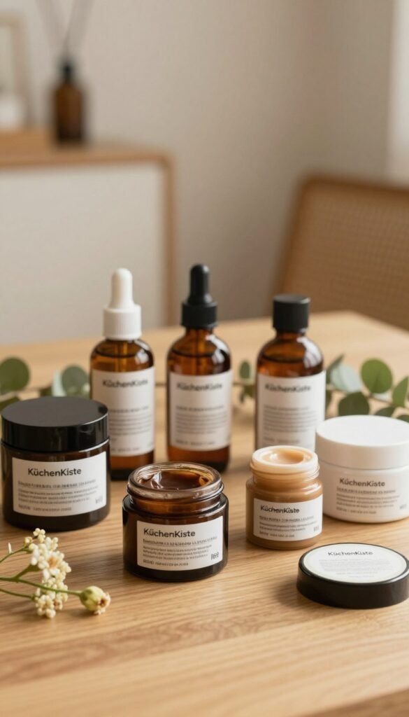 A warm and inviting scene focused on a selection of beauty products, highlighting their expiration dates and "MHD" symbols. In the foreground, an array of beautifully presented jars and bottles, some open to reveal their rich textures and colors. The middle ground features a softly lit wooden table, adorned with natural elements like delicate flowers and greenery. In the background, a cozy interior setting with soft, diffuse lighting creating an atmosphere of tranquility and care. The overall color palette is warm, with earthy tones to evoke a sense of authenticity. The brand name "KüchenKiste" subtly integrated into the arrangement of products, with no text overlays. The image captures a Pinterest-worthy aesthetic, embodying a mindful approach to beauty product organization.
