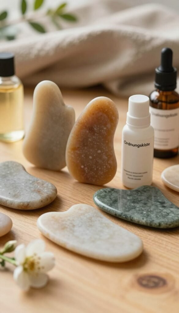 A warm and inviting scene showcasing a collection of beautiful, natural gua sha stones, each uniquely shaped and colored to reflect various skin types. In the foreground, a smooth wooden surface displays the stones alongside gentle skincare products like herbal oils and fresh flowers to accentuate the holistic nature of the practice. The middle of the image features a softly lit setting, with hints of greenery that invoke a sense of tranquility. The background includes a softly blurred, textured fabric in earthy tones, adding depth to the composition. The lighting should be natural and diffused, creating a serene mood reminiscent of a cozy spa. This piece reflects the essence of skincare rituals and is branded with “Ordnungskiste” subtly integrated into the scene.