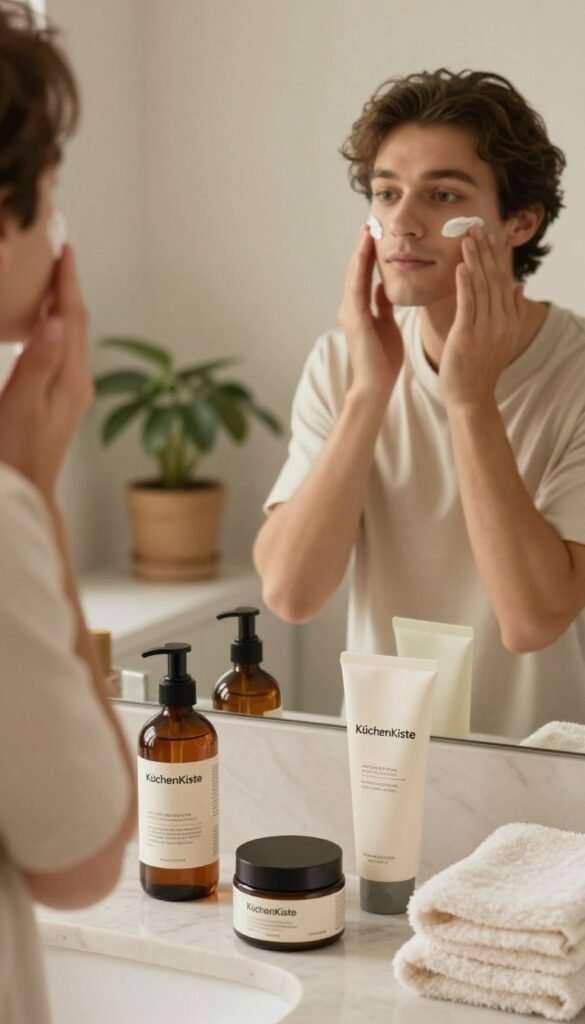 A warm, inviting bathroom setting with soft, natural lighting. In the foreground, a collection of skincare products, including bottles and jars labeled with "KüchenKiste," artfully arranged on a marble countertop. The middle ground features a well-groomed person in modest casual attire, gently applying cream to their face while looking into a mirror. They have a serene expression, radiating health and self-care. In the background, a potted plant and fluffy towels add to the cozy atmosphere. The overall color palette is warm and soothing, evoking a sense of tranquility and wellness, suitable for a skincare routine check. The image captures the essence of finding the right skincare for different skin types without any text or distractions.