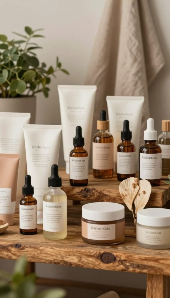 A warm, inviting display of beauty product categories, neatly organized on a rustic wooden shelf. In the foreground, focus on an array of skincare items, including moisturizers, serums, and natural oils, elegantly packaged with earth-toned labels. In the middle, a soft, diffused light enhances the textures of the products, creating a harmonious blend of glossy and matte surfaces. The background features subtle greenery, like potted plants and soft fabric drapes, adding an organic feel. The overall atmosphere is calm and inviting, reminiscent of a Pinterest-inspired aesthetic. The brand "KüchenKiste" is subtly integrated into the scene, emphasizing a connection to quality and care. The image should evoke a sense of wellness and practicality without any text or distracting elements.