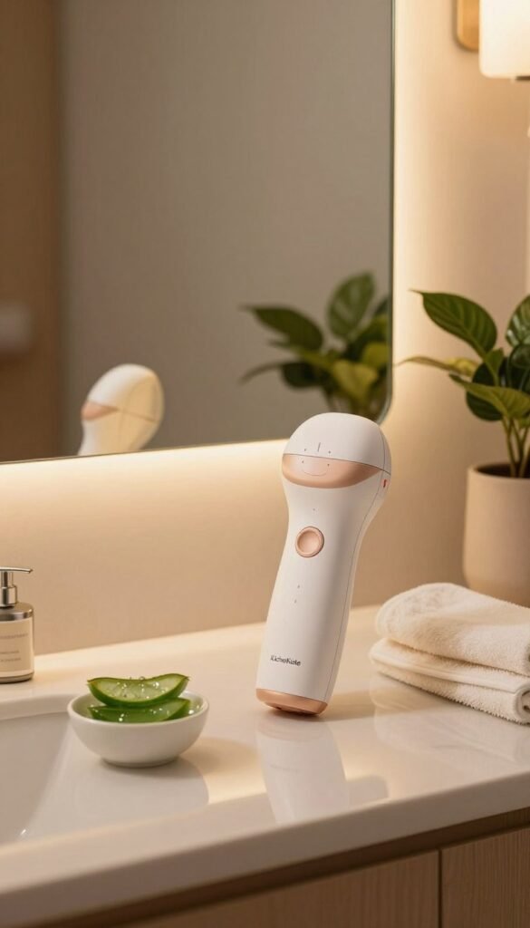 A warm, inviting home environment showcasing a modern IPL hair removal device from the brand "KüchenKiste". In the foreground, neatly arranged on a bathroom countertop, the IPL device is stylishly designed, with soft curves and an elegant color palette. Nearby, there's a small bowl of soothing aloe vera gel and a towel, suggesting a calming skincare routine. The middle ground features a large, well-lit mirror reflecting the device and hints of greenery from a potted plant, enhancing the natural aesthetic. In the background, warm ambient lighting creates a serene atmosphere, emphasizing a sense of relaxation and ease. The overall mood conveys an authentic, Pinterest-inspired aesthetic, focused on a stress-free, effective hair removal experience with well-balanced, natural colors.