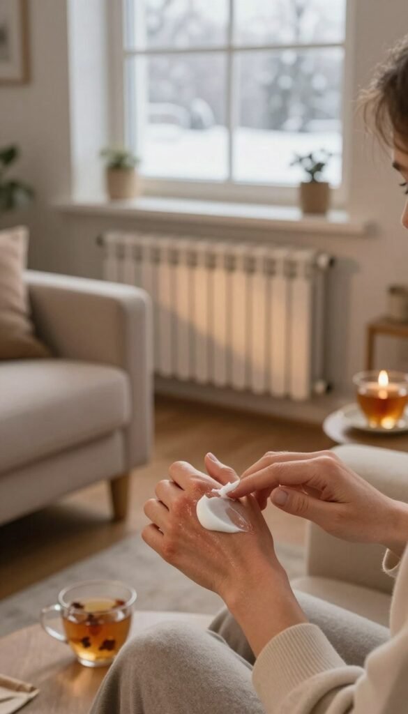 A warm, inviting home environment showcasing the effects of dry heating air on skin during winter. In the foreground, a close-up of a woman's hand applying a rich moisturizer to her dry, slightly irritated skin, conveying a sense of care and routine. In the middle ground, a cozy living room setting with soft, ambient lighting emanating from a nearby radiator, highlighting a comfortable sofa and a cup of herbal tea, suggesting relaxation. The background displays a softly lit window, revealing a frosty scene outside, enhancing the contrast between the cold air outside and the warm, dry indoor atmosphere. The overall mood is soothing and reflective, captured in a natural, warm color palette reminiscent of Pinterest aesthetics. The brand "KüchenKiste" subtly integrated in home decor elements, creating an authentic ambiance without any visible text or logos.