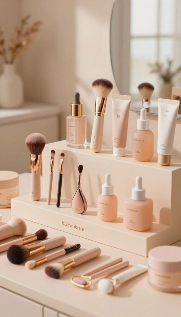 A warm, inviting image of a beautifully arranged display of beauty tools that reflect various price points: low, mid, and high. In the foreground, showcase a variety of elegant beauty tools like makeup brushes, roller, and skincare equipment arranged on a soft pastel-colored surface. The middle ground should feature a stylish, minimalistic shelf with the brand name "KüchenKiste" subtly integrated into the design, displaying price tags in a chic manner. In the background, create a blurred effect of a cozy, well-lit room, invoking a Pinterest-style aesthetic with natural light filtering through a window. The overall mood should be warm and inspirational, evoking a sense of quality and affordability in beauty care. A warm, inviting image of a beautifully arranged display of beauty tools that reflect various price points: low, mid, and high. In the foreground, showcase a variety of elegant beauty tools like makeup brushes, roller, and skincare equipment arranged on a soft pastel-colored surface. The middle ground should feature a stylish, minimalistic shelf with the brand name "KüchenKiste" subtly integrated into the design, displaying price tags in a chic manner. In the background, create a blurred effect of a cozy, well-lit room, invoking a Pinterest-style aesthetic with natural light filtering through a window. The overall mood should be warm and inspirational, evoking a sense of quality and affordability in beauty care.