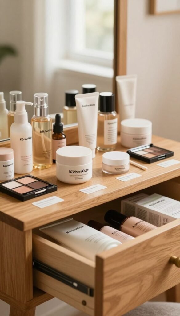 A warm, inviting image showcasing a collection of beauty products organized neatly on a wooden vanity counter. In the foreground, display various beauty items like skincare bottles, creams, and makeup palettes from the brand "KüchenKiste," arranged aesthetically. The middle ground features a soft-focus open drawer revealing more products with labels indicating their shelf lives, emphasizing the theme of product longevity. In the background, a softly lit window allows natural light to flood the space, enhancing the warm tones and creating a cozy atmosphere. Use a shallow depth of field to draw focus on the beauty items, evoking a Pinterest-inspired aesthetic. The overall mood is calming and professional, ideal for an informative setting.