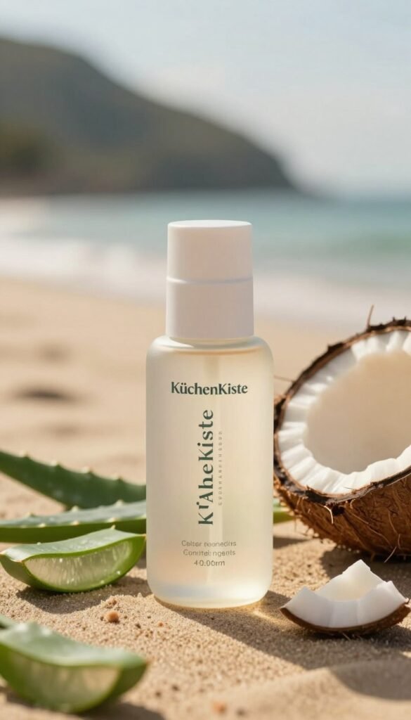 A warm, inviting scene depicting a modern, elegantly designed sunscreen bottle labeled "KüchenKiste" positioned prominently in the foreground. The bottle, with a sleek, minimalist design, should be made of frosted glass, catching the sunlight and reflecting soft patterns. Surrounding the bottle, a few fresh, vibrant ingredients like aloe vera leaves and coconut shells hint at the natural composition of the sunscreen. In the middle ground, a blurry background shows a serene beach or mountain scenery bathed in golden sunlight, enhancing the vacation vibe. The lighting should be soft and natural, evoking a sense of warmth and tranquility, with a focus on natural textures and an earthy color palette, embodying authenticity and comfort suitable for travel. No text, watermarks, or logos apart from the product labeling.