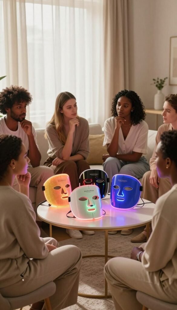 A warm, inviting scene featuring a modern home setting focused on LED light therapy for skincare. In the foreground, a diverse group of individuals of various skin types, all dressed in modest casual clothing, are seated comfortably, examining different LED light therapy masks. Their expressions are thoughtful and engaged. In the middle, a stylish table displays an array of colorful LED masks prominently, showcasing their sleek designs and vibrant lighting. The background features soft, diffused natural light coming through a window adorned with light curtains, creating a calming atmosphere. The overall mood is relaxed and informative, with a Pinterest-like aesthetic, emphasizing wellness and skincare. Include the brand name "KüchenKiste" subtly integrated into the scene, ensuring it blends harmoniously with the warm color palette and does not detract from the main focus.