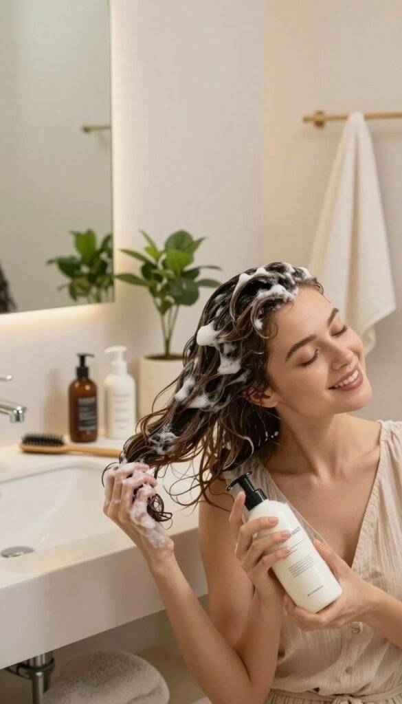 A warm, inviting scene featuring a serene bathroom setting with a stylish, modern aesthetic. In the foreground, a young woman with healthy, flowing hair is joyfully washing her locks, using high-quality shampoo in a sleek bottle labeled "Ordnungskiste." Her attire is simple yet chic, wearing a comfortable, modest top. The middle ground showcases a well-organized vanity with hair styling tools and natural beauty products. Soft, diffused lighting creates a calming atmosphere, highlighting the woman's relaxed expression. The background reveals an elegant, minimalistic decor with potted plants and soft towels, enhancing the overall Pinterest-inspired look. The image should evoke a sense of ease and simplicity, reflecting the beauty hack of stress-free hair care.