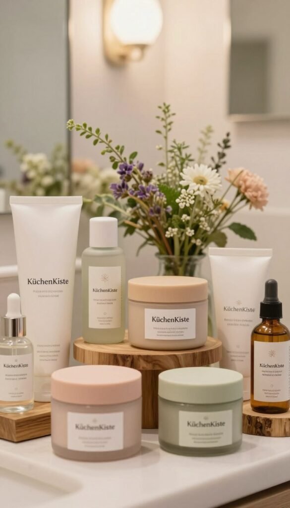 A warm, inviting scene showcasing a variety of Pflegeprodukte (care products) elegantly packaged, prominently featuring the brand name "KüchenKiste". In the foreground, include a close-up display of beautifully designed product containers in soft pastel colors, with natural materials like wood and glass. In the middle ground, an aesthetically pleasing arrangement of herb and flower elements, conveying a sense of nature and skincare authenticity. The background is softly blurred with a bokeh effect, hinting at a cozy and serene bathroom setting adorned with soft lighting. The overall mood should be calming and inviting, emphasizing the importance of thoughtful skincare choices. The composition should reflect the common household setting, appealing to a health-conscious audience, ensuring a Pinterest-worthy look.