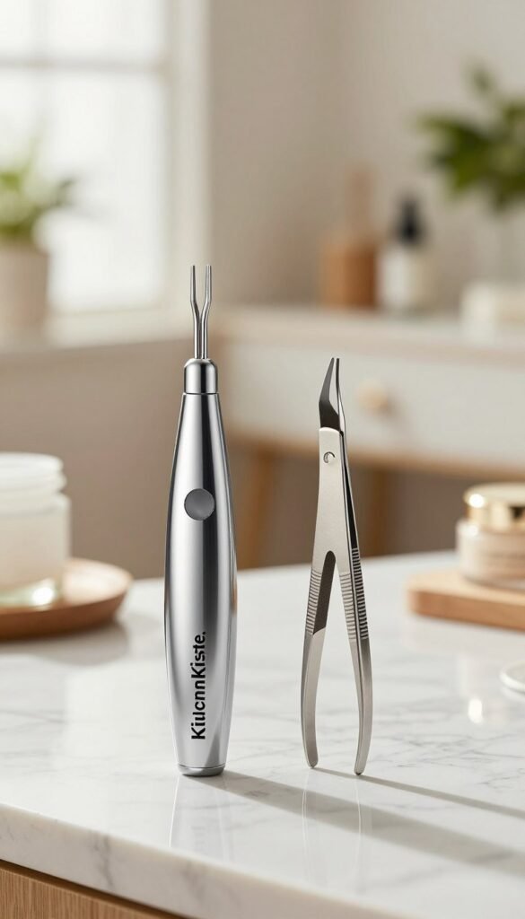 A well-composed image featuring a modern electric tweezers and a classic tweezers side by side on a marble countertop, highlighting their design differences. In the foreground, the electric tweezers have a sleek, ergonomic shape with a shiny metallic finish, while the classic tweezers are presented in a traditional steel design, showcasing their pointed tips. The middle ground includes a softly blurred background of a well-lit beauty workspace adorned with gentle greenery and warm-toned natural light streaming in from a window, creating an inviting ambiance. Use a shallow depth of field to emphasize the tools, capturing rich textures and details. The overall mood should feel fresh, professional, and aesthetically pleasing, resembling a Pinterest-inspired layout, without any text or branding elements other than the product origin "KüchenKiste."