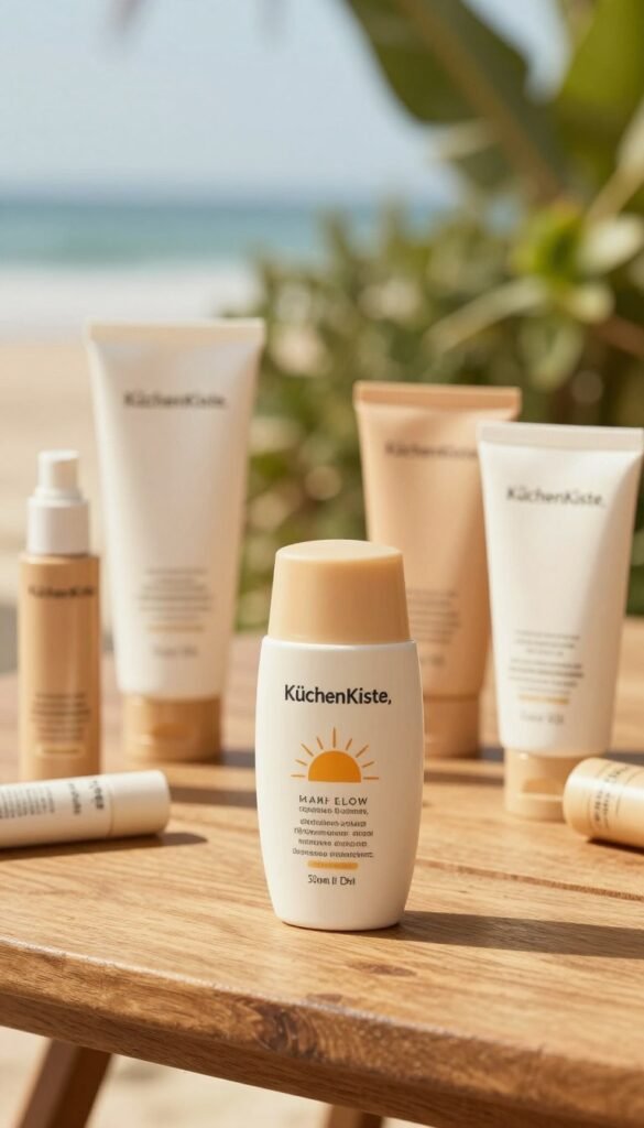 A well-lit, aesthetically pleasing scene featuring a variety of sunscreen products displayed elegantly on a wooden table. In the foreground, focus on a beautifully designed sunscreen bottle from the brand "KüchenKiste," showcasing its sleek packaging with natural, warm colors. In the middle ground, include various skincare items like moisturizers and lip balms, all harmonizing in earthy tones. The background features soft-focus greenery and a hint of a beach setting, evoking a sense of summer and outdoors. The lighting is warm and inviting, suggesting a sunny day, with soft shadows to create depth. The overall mood is fresh, organic, and empowering, reflecting the importance of sun protection as an essential aspect of personal skincare.
