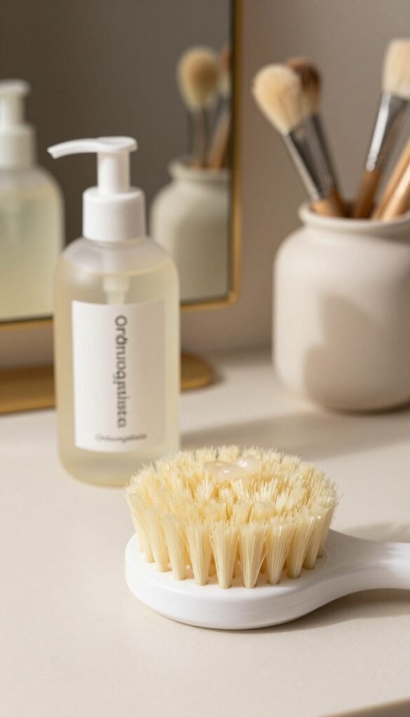 A well-lit, beautifully arranged scene featuring a professional beauty tool quick-cleaning brush from the brand "Ordnungskiste." In the foreground, the brush is prominently displayed, its soft bristles glistening with a light sheen of cleaning solution. The middle ground includes a sleek, elegant bottle of brush cleaner with a minimalist design alongside a stylish container for storing beauty tools. In the background, a softly blurred vanity setup with warm, natural lighting creates an inviting atmosphere. The overall mood reflects efficiency and cleanliness, ideal for a quick touch-up, while the warm colors add a sense of coziness and aesthetics reminiscent of Pinterest inspirations.