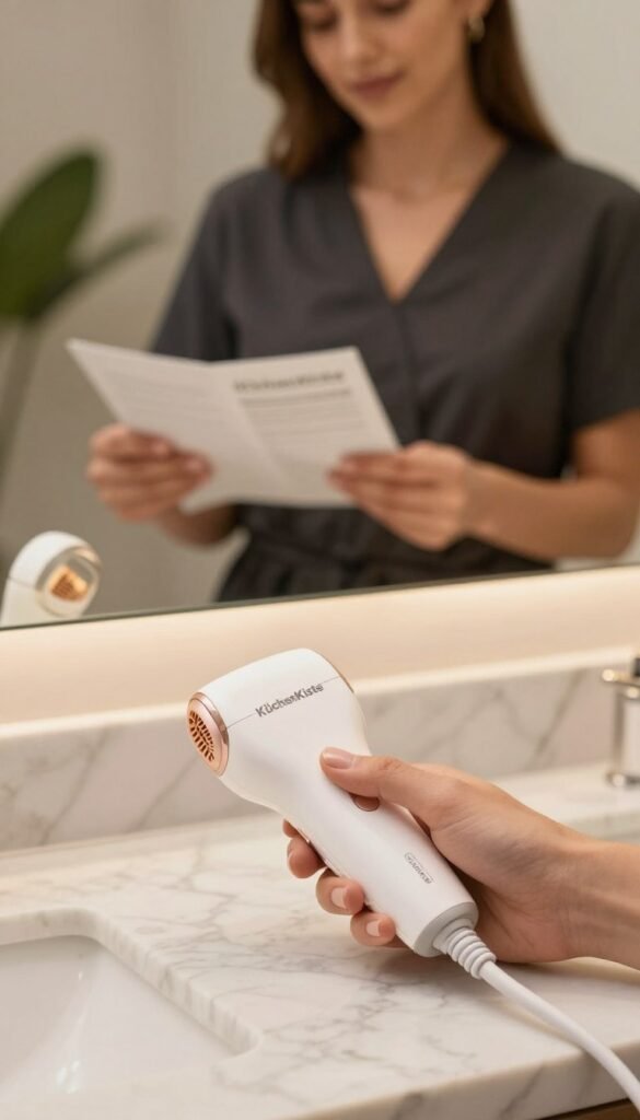 A well-lit, serene bathroom setting with warm colors, showcasing a modern IPL hair removal device from the brand "KüchenKiste" on a marble countertop. In the foreground, there’s a close-up of a hand holding the device, demonstrating proper grip and usage. In the middle, a reflection in the mirror shows a person in professional attire, attentively reading the device's manual, symbolizing careful attention to instructions. The background features soft lighting and a hint of lush greenery, creating a calm and inviting atmosphere. The overall mood conveys a sense of professionalism and care as the individual learns to avoid common mistakes in home IPL hair removal. The image is composed to evoke authenticity and a Pinterest-like aesthetic, while avoiding any text or branding overlays.
