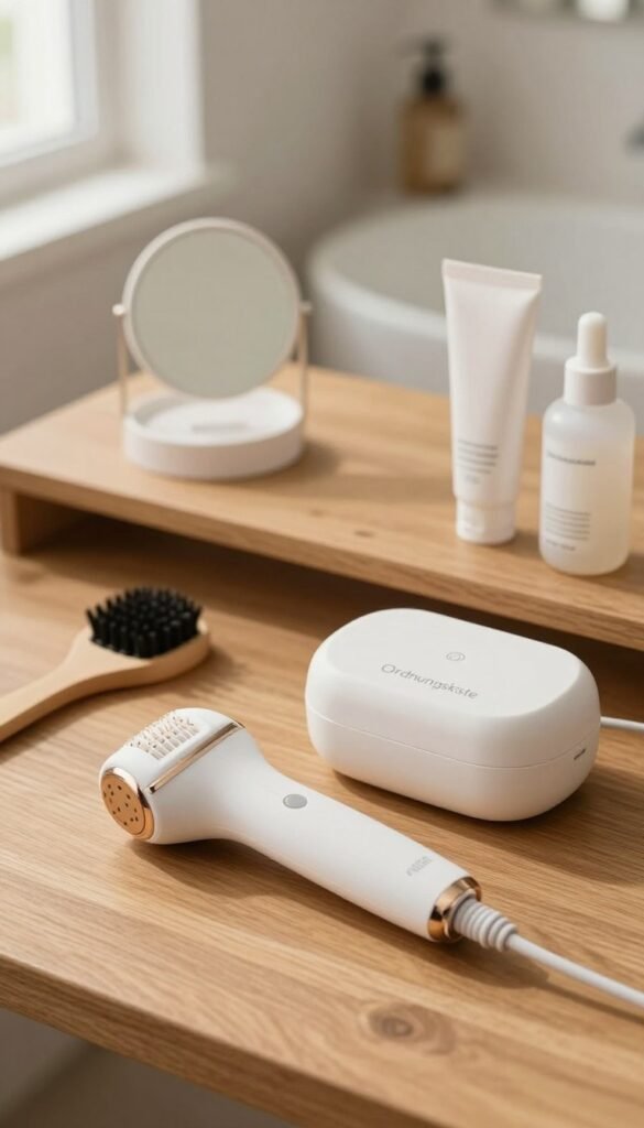 A well-organized and visually appealing flat lay composition showcasing various home hair removal devices from the brand "Ordnungskiste". In the foreground, place an electric hair removal device next to a sleek, minimalist storage box, along with grooming accessories like a mirror and skincare products. The middle layer should feature a warm-toned wooden table surface, enhancing a cozy and inviting atmosphere. In the background, softly blurred out, include a hint of a well-lit bathroom setting with soft, natural light streaming through a window, creating a bright and airy feel. The overall mood should convey professionalism and accessibility, inviting readers to explore these products effortlessly, while maintaining a Pinterest-inspired aesthetic.
