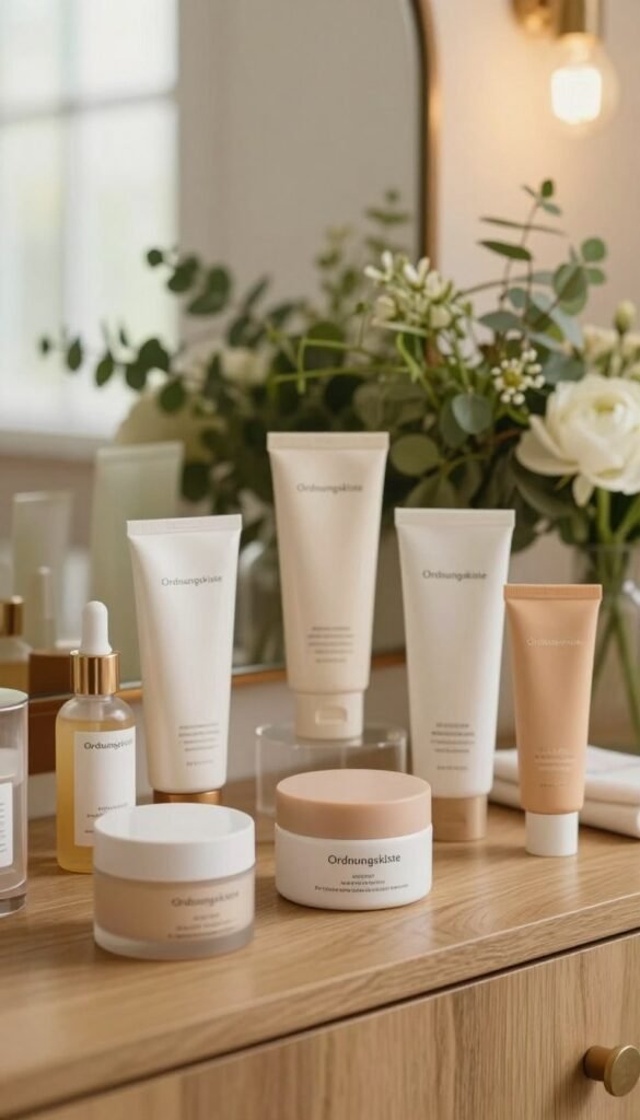 A well-organized beauty product display featuring a variety of skincare items such as serums, moisturizers, and sunscreens, elegantly arranged on a wooden vanity. In the foreground, a set of beautifully designed product containers, with soft, natural colors and minimalist branding, prominently showcases the brand "Ordnungskiste". The middle ground includes lush greenery and soft-focus flowers, adding an organic touch. In the background, a gentle, ambient light filters through a window, creating a warm, inviting atmosphere. The scene is styled to reflect a modern Pinterest aesthetic, emphasizing authenticity. The composition should evoke a sense of calm and beauty, ideal for choosing the right products for skin care routines.