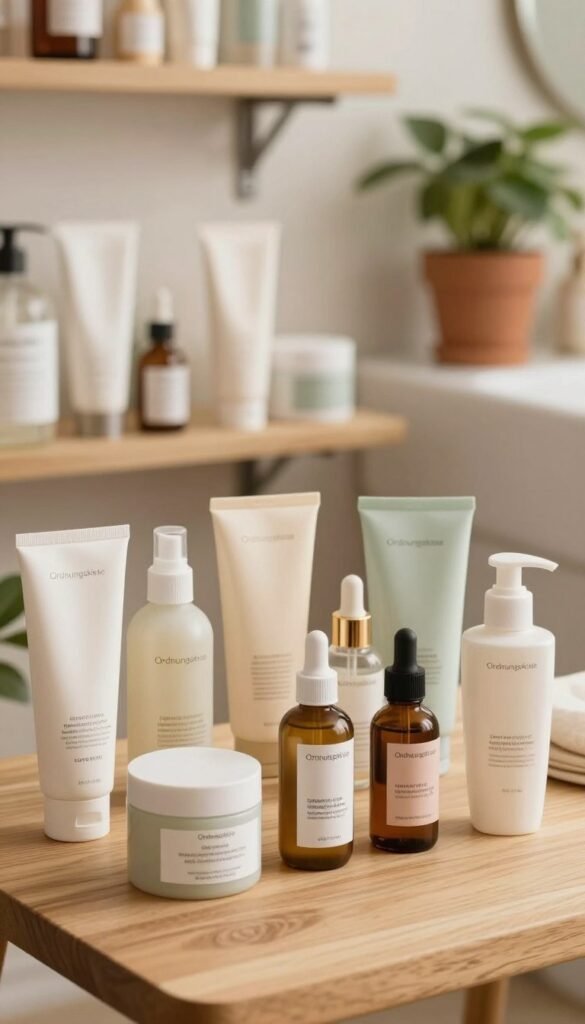 A well-organized display of skincare products categorized by budget: low, mid, and high. In the foreground, feature a variety of elegant skincare items from the brand "Ordnungskiste," such as moisturizers, serums, and cleansers, arranged attractively on a light wooden table. In the middle, create a soft-focus effect of slightly elevated shelves showcasing additional product types, emphasizing their textures and colors in warm, natural tones. In the background, hint at a cozy, well-lit bathroom or vanity space, adorned with green plants and soft terracotta accents, conveying a serene atmosphere. Use gentle, diffused lighting to enhance the appeal and create a warm, inviting mood reminiscent of Pinterest aesthetics. Ensure no text or additional elements are present in the image.