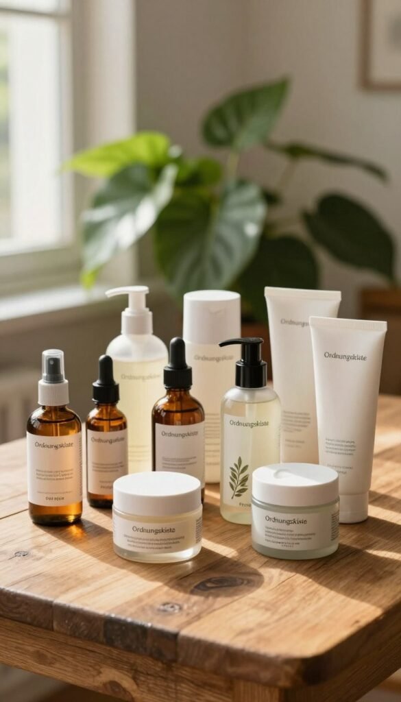 A well-organized display of various skincare products on a rustic wooden table, featuring a selection of bottles and jars from the brand "Ordnungskiste." In the foreground, a neatly arranged group of moisturizers, serums, and cleansers, some with botanical ingredients visible. The middle ground includes a soft, lush green plant for a touch of nature, while the background is softly blurred to highlight the products. The lighting is warm and inviting, with a hint of sunlight filtering through a nearby window, creating soft shadows. The overall atmosphere is peaceful and serene, reflecting a Pinterest-inspired aesthetic that emphasizes natural beauty and authenticity. No text or branding overlays present.