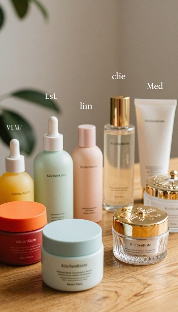 Aesthetic arrangement of skincare products categorized by price range: low, mid, and high-end, set on a wooden tabletop. The foreground features elegant low-priced items in vibrant, cheerful packaging, followed by sleek mid-range bottles in soft pastel colors. The high-end products are luxurious, with ornate glass containers and gold accents. Soft, warm lighting creates a cozy atmosphere, enhancing the natural colors of the products. A gentle bokeh effect in the background includes blurred plant leaves, suggesting a connection to nature in skincare. The overall mood is inviting and informative, aiming to provide a clear visual distinction between the different price classes of skincare. The brand name "KüchenKiste" should be subtly included in the design elements, contributing to the overall Pinterest aesthetic.