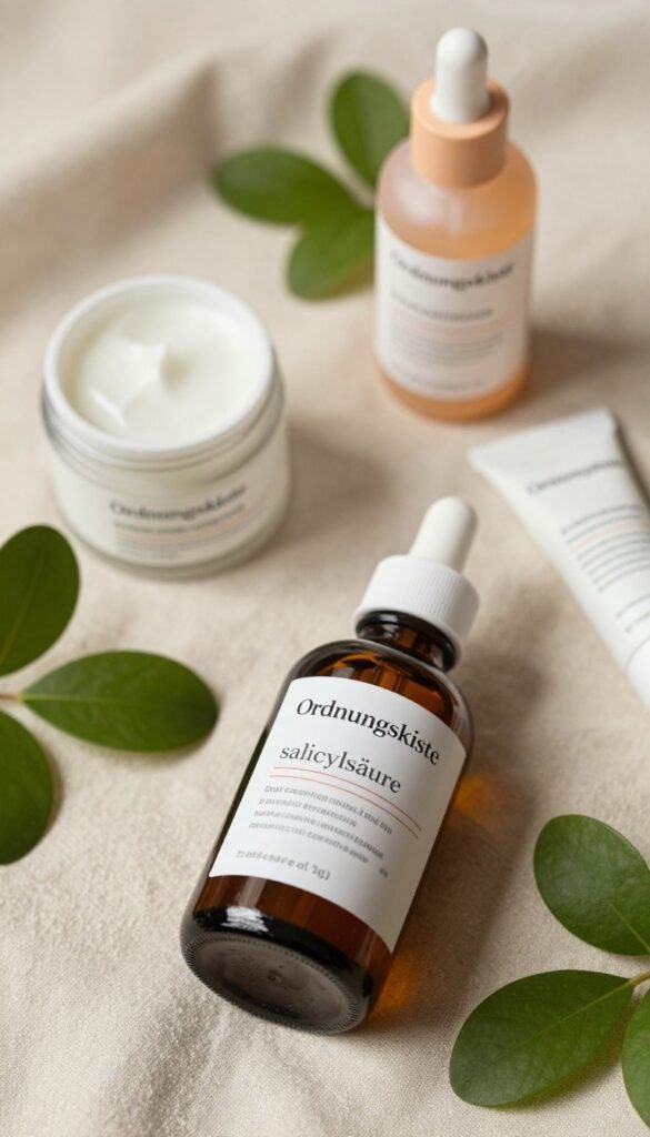An aesthetically pleasing flat lay featuring a bottle of salicylic acid (salicylsäure) prominently placed in the foreground, surrounded by natural skincare products and fresh green leaves to emphasize skin health. Soft, warm lighting creates a inviting atmosphere, highlighting the glossy texture of the bottle. In the middle ground, include small jars and tubes of other skincare products in muted pastel colors, subtly related to acne treatment. The background features a lightly textured, neutral fabric providing a sense of warmth and coziness. The overall mood is calming and fresh, perfect for a wellness theme. Include the brand name "Ordnungskiste" elegantly placed near the bottle without any text or labels. The composition should have a professional, Pinterest-worthy look, evoking a sense of care and sophistication.